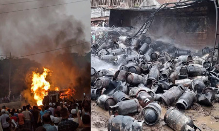 গ্যাস সিলিন্ডার বোঝাই ট্রাক উল্টে ভয়াবহ বিস্ফোরণ-আগুন