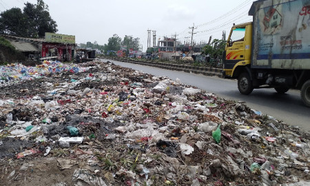 বাজারে সড়কের পাশে ময়লার স্তূপ, দুর্গন্ধে পথচারীদের দুর্ভোগ