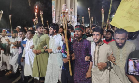 মিটফোর্ডে ব্যবসায়ীকে হত্যার প্রতিবাদে বৈষম্যবিরোধী ছাত্র আন্দোলনের মশালমিছিল