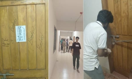 রাত্রিযাপনের উদ্দেশ্যে কাঁথা-কম্বল নিয়ে কর্মচারী ভবনে মুহসীন হলের শিক্ষার্থীরা