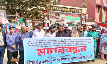 ঢাকা সেন্ট্রাল ইউনিভার্সিটির প্রস্তাবিত স্কুলিং মডেল বাতিলের দাবিতে শিক্ষকদের মানববন্ধন