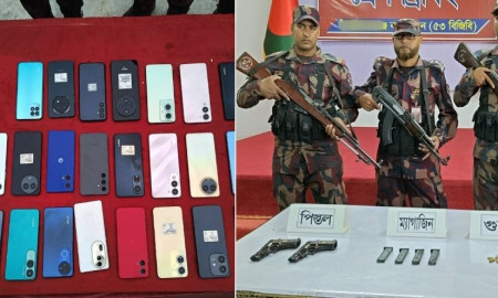 বিজিবির দুই অভিযানে বিপুল পরিমাণ চোরাই মোবাইল ও অস্ত্র-গোলাবারুদ উদ্ধার