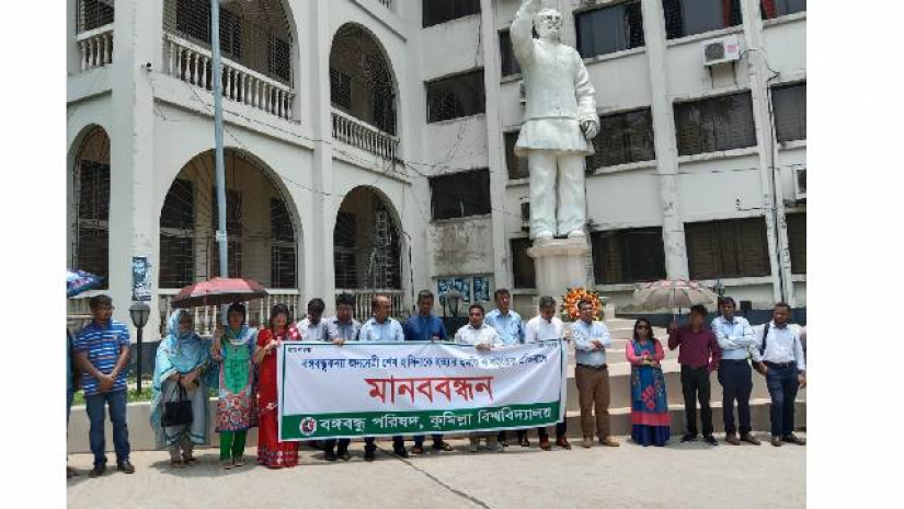 প্রধানমন্ত্রীকে হত্যার হুমকি ও কটূক্তির প্রতিবাদে কুবিতে মানববন্ধন
