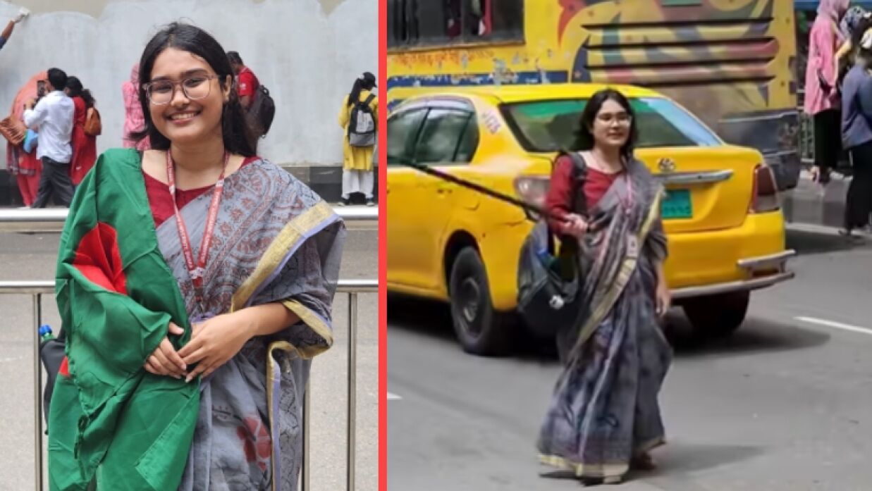 শাড়ি পরে ট্রাফিক নিয়ন্ত্রণে জবির আদিবা নওমী