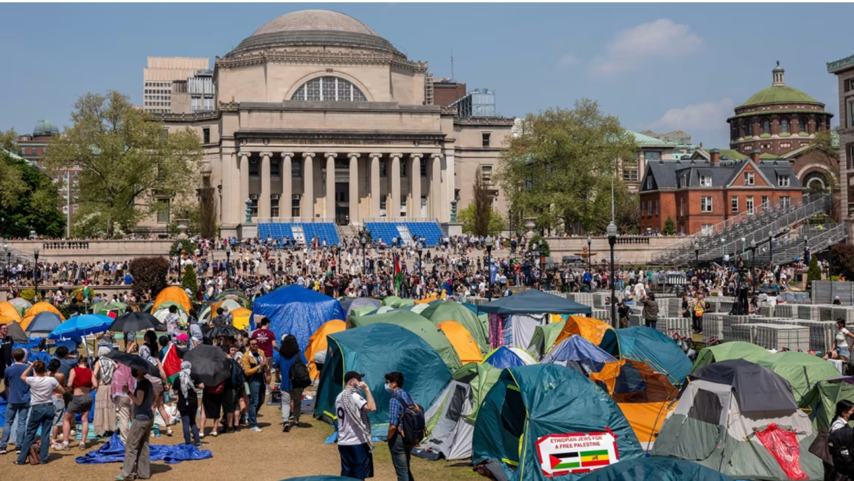 Pro-Palestinian supporters continue to demonstrate with a protest encampment on the campus of Columbia University on April 29, 2024 in New York City.