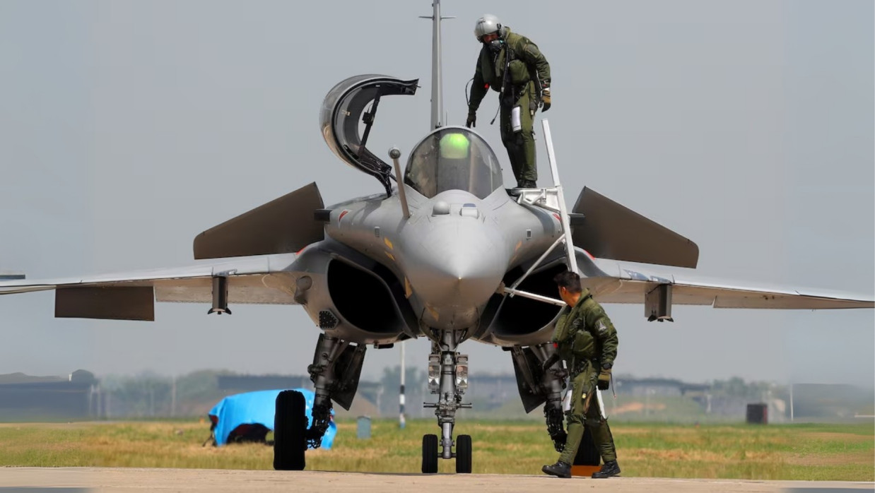 Indian Air Force pilot gets out of a Rafale fighter jet