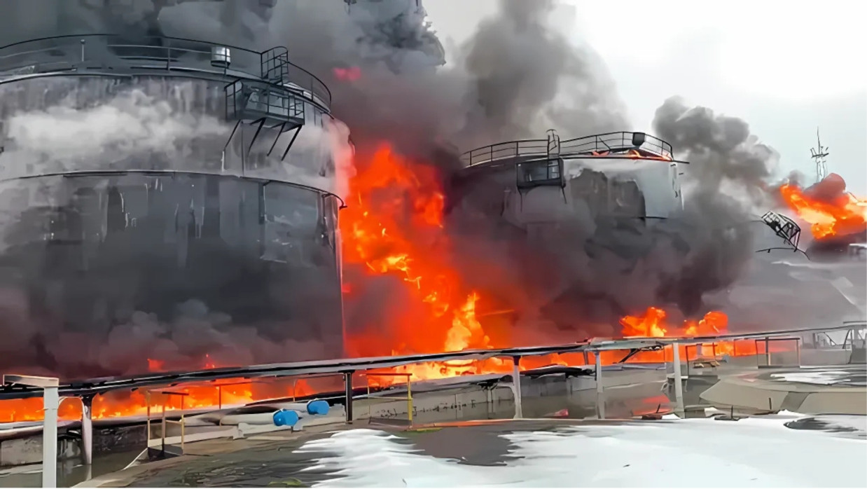 Oil reservoirs on fire after drone attack in Klintsy, a city in Bryansk Region of Russia