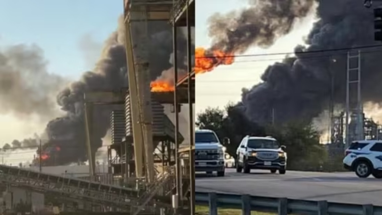 Following an explosion, a massive fire can be seen at the Valero oil refinery in Port Arthur, Texas.
