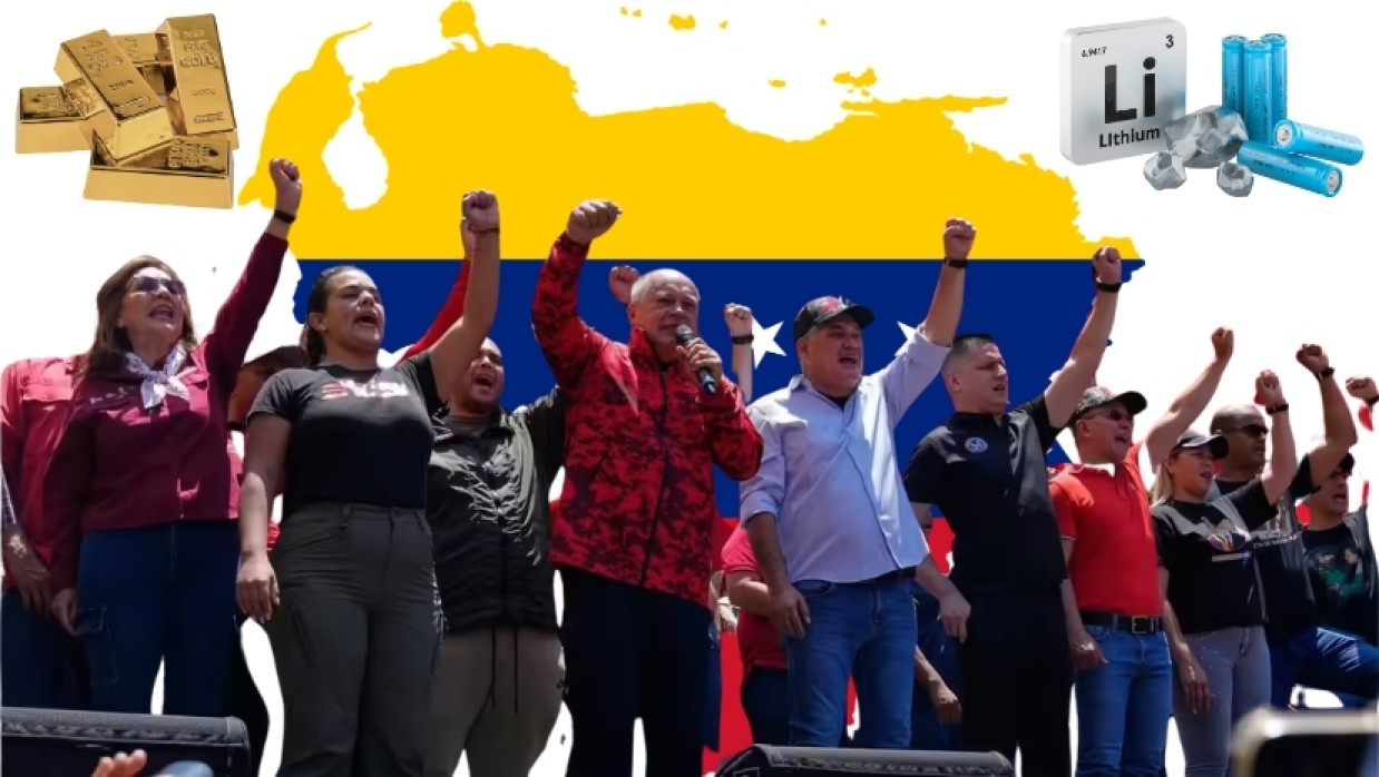 Venezuelan Interior Minister Diosdado Cabello, center, speaks to supporters during a march demanding the lifting of U.S. sanctions on Venezuela