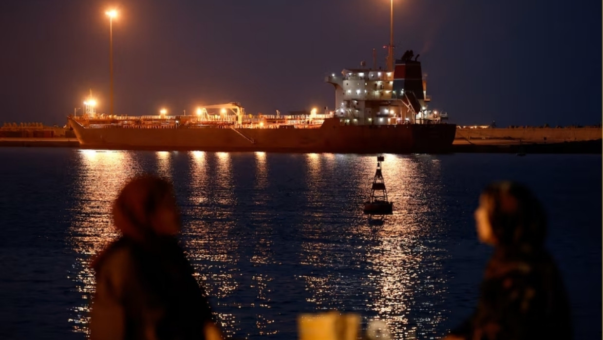 The Callisto tanker sits anchored in Port Sultan Qaboos as the traffic is down in the Strait of Hormuz