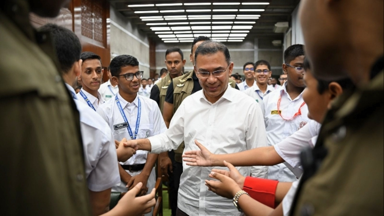 PM Tarique Rahman exchanged greetings with students from his former college during their visit to the Parliament building