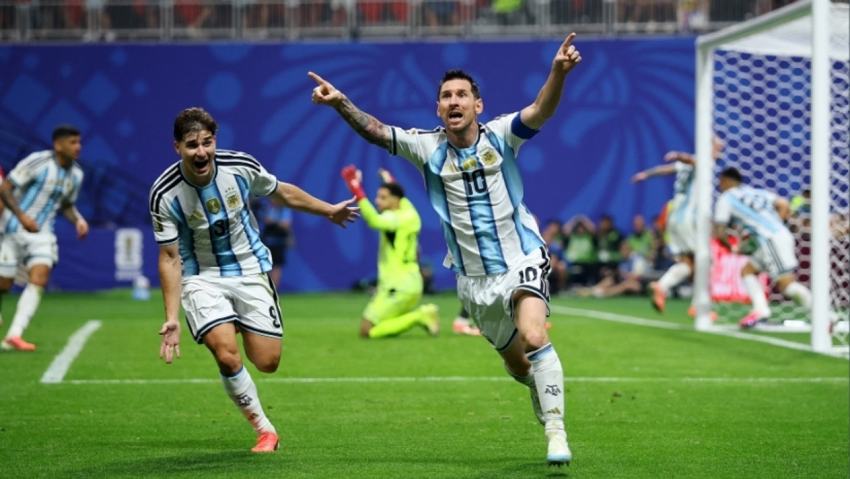 Argentina's Lionel Messi celebrates scoring their second goal against Egypt during their 2026 World Cup round of 16 football match in Atlanta, July 7, 2026.