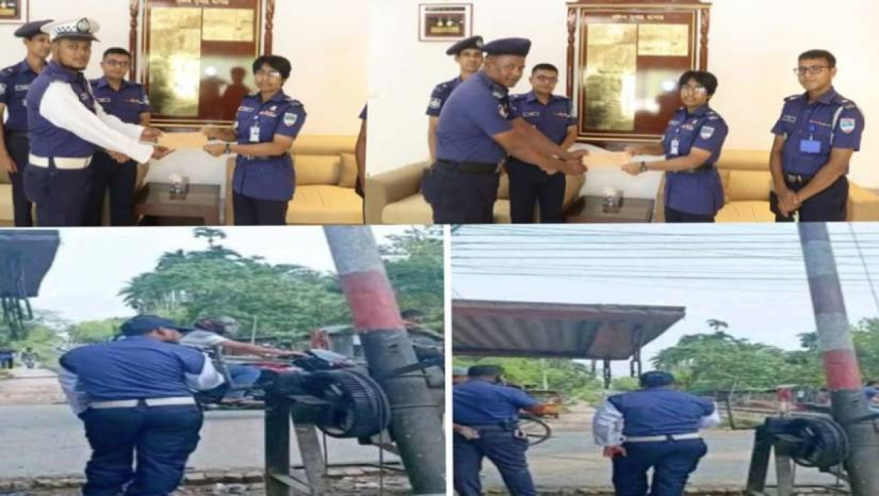 ট্রাফিক পুলিশের দুই সদস্যের হাতে পুরস্কার তুলে দেন যশোরের পুলিশ সুপার