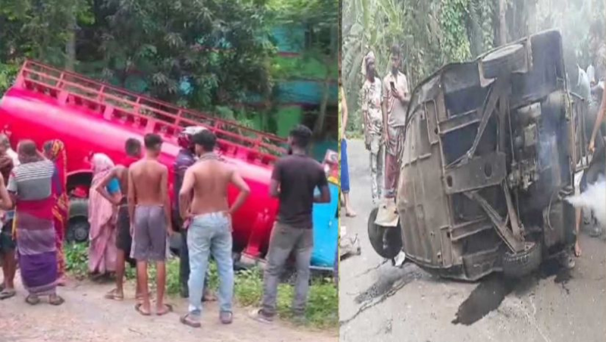 দুর্ঘটনার পর পাশের খালে পড়ে যায় লরিটি ও মাহিন্দ্রাটি সড়কে উল্টে যায়