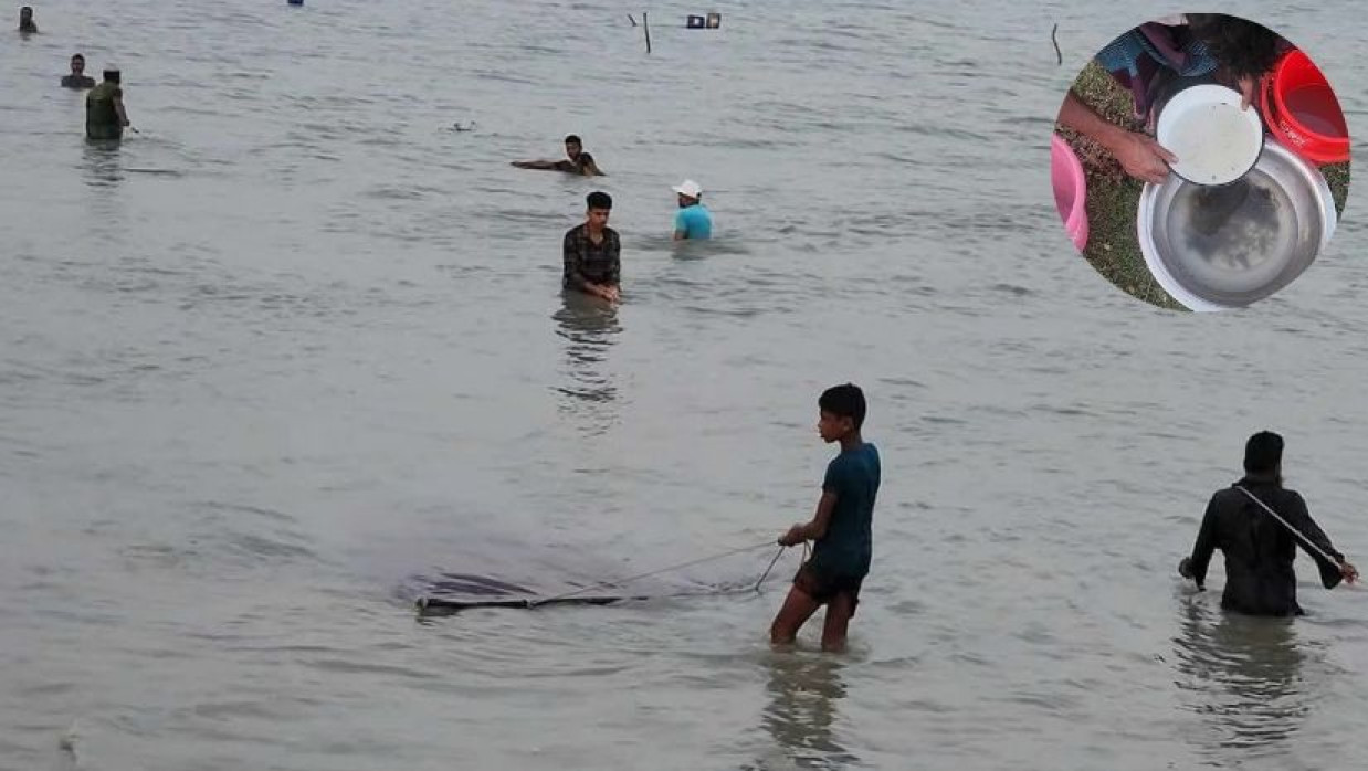 নদীতে গলদা ও বাগদা চিংড়ির রেণু সংগ্রহ করছেন শিকারীরা ও ইনসেটে রেণু যাচাই-বাছাইকরণ প্রক্রিয়া করছেন এক শিকারী 