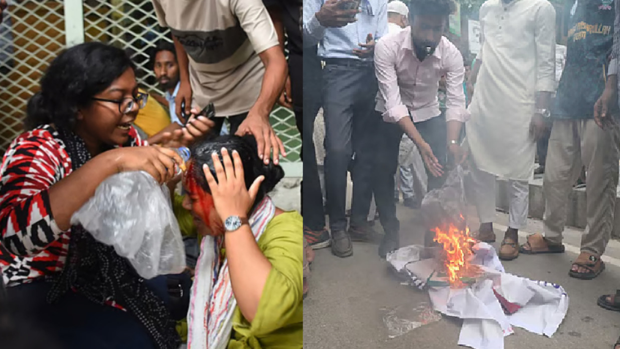 আহত কর্মী ও ব্যনার পুড়িয়ে ফেলার দৃশ্য 