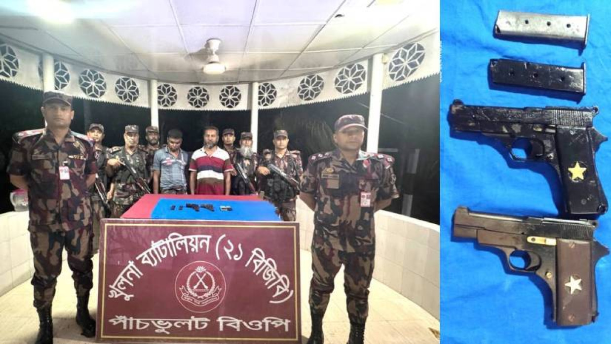 উদ্ধার করা অস্ত্র, মাগাজিন ও গ্রেপ্তার ব্যক্তিরা