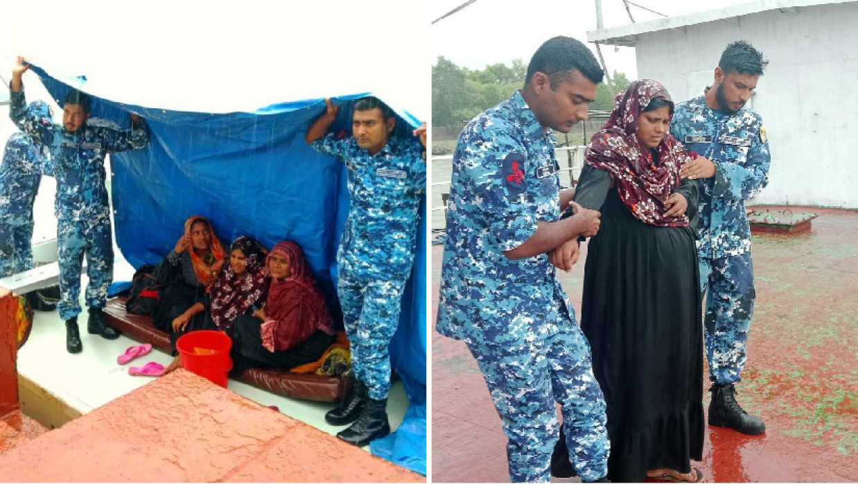 গর্ভবতী শরীফা বেগমকে উদ্ধার করে  হাসপাতালে পৌঁছে দিচ্ছে কোস্টগার্ড সদস্যরা