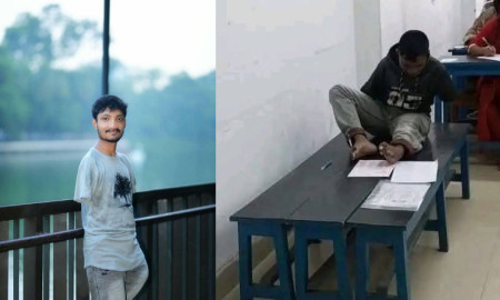 পা দিয়ে লিখে হাবিপ্রবিতে মেধা তালিকায় থাকা মানিক হতে চান কম্পিউটার ইঞ্জিনিয়ার