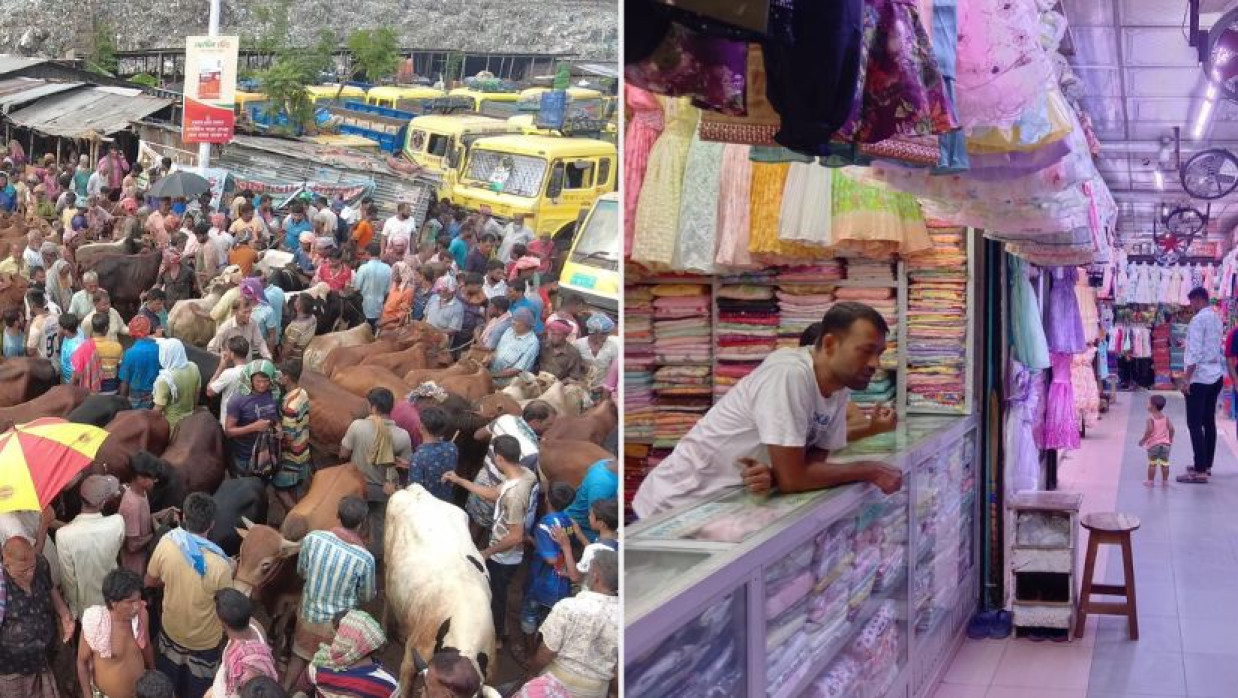 গরুর হাট ও ক্রেতার অপেক্ষায় পোশাকের দোকানি