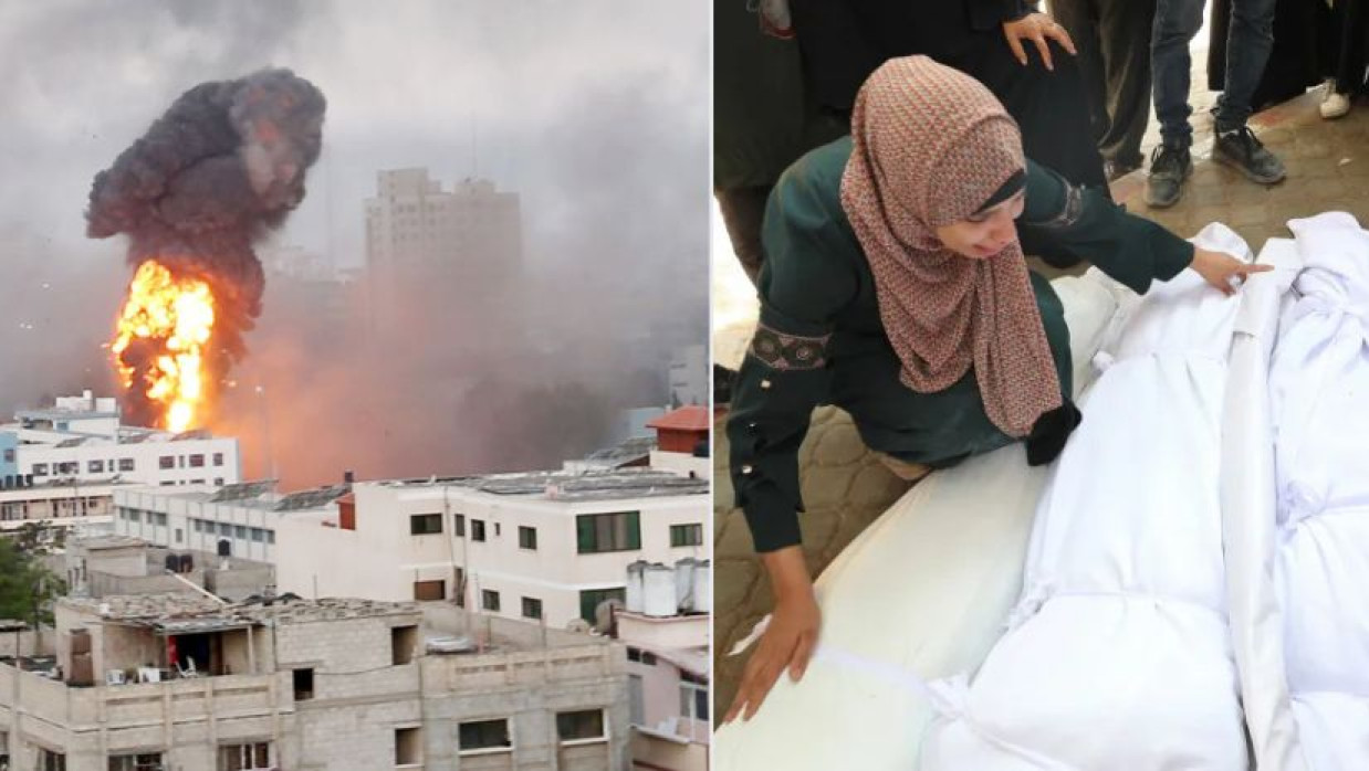 গাজায় বিমান হামলা ও নিহতের সামনে ফিলিস্তিনি নারীর আহাজারি