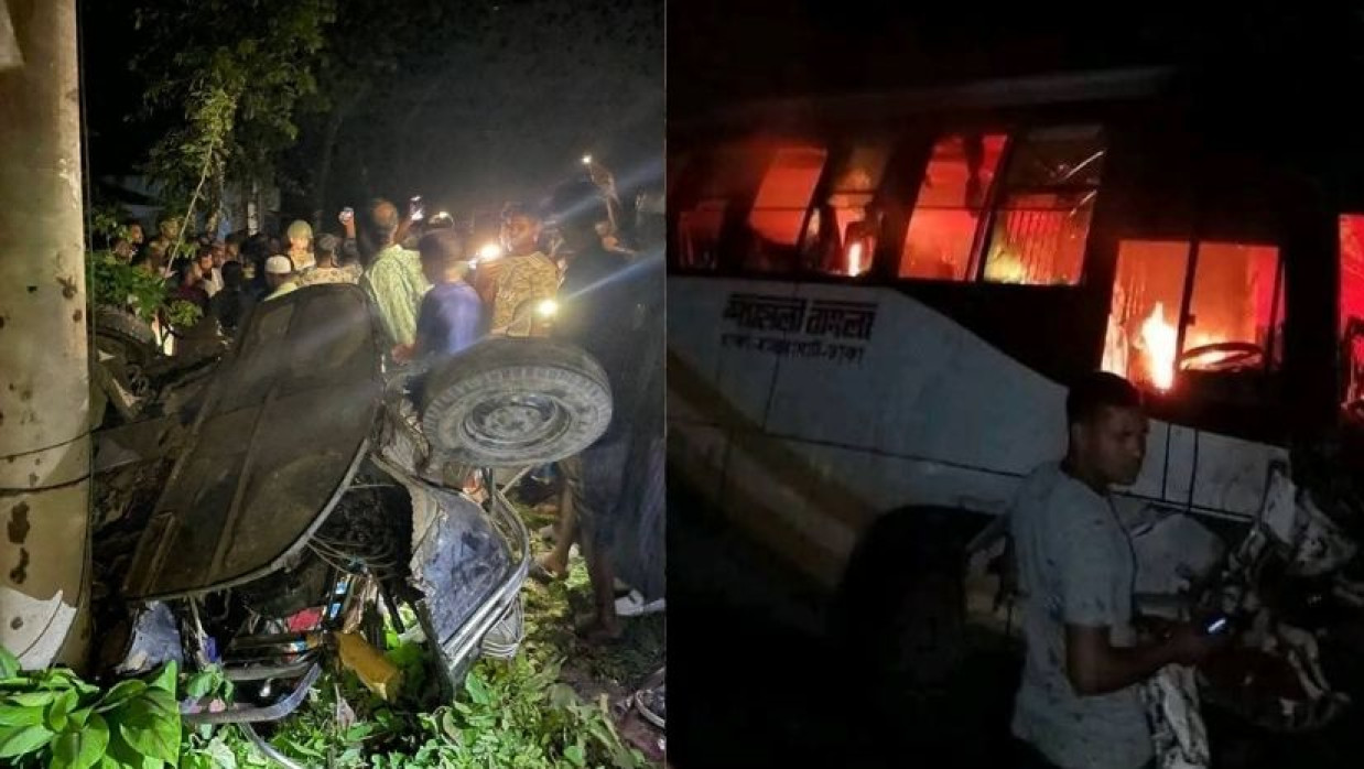 দুর্ঘটনার পর ঘাতক বাসে আগুন দেন স্থানীয়রা 