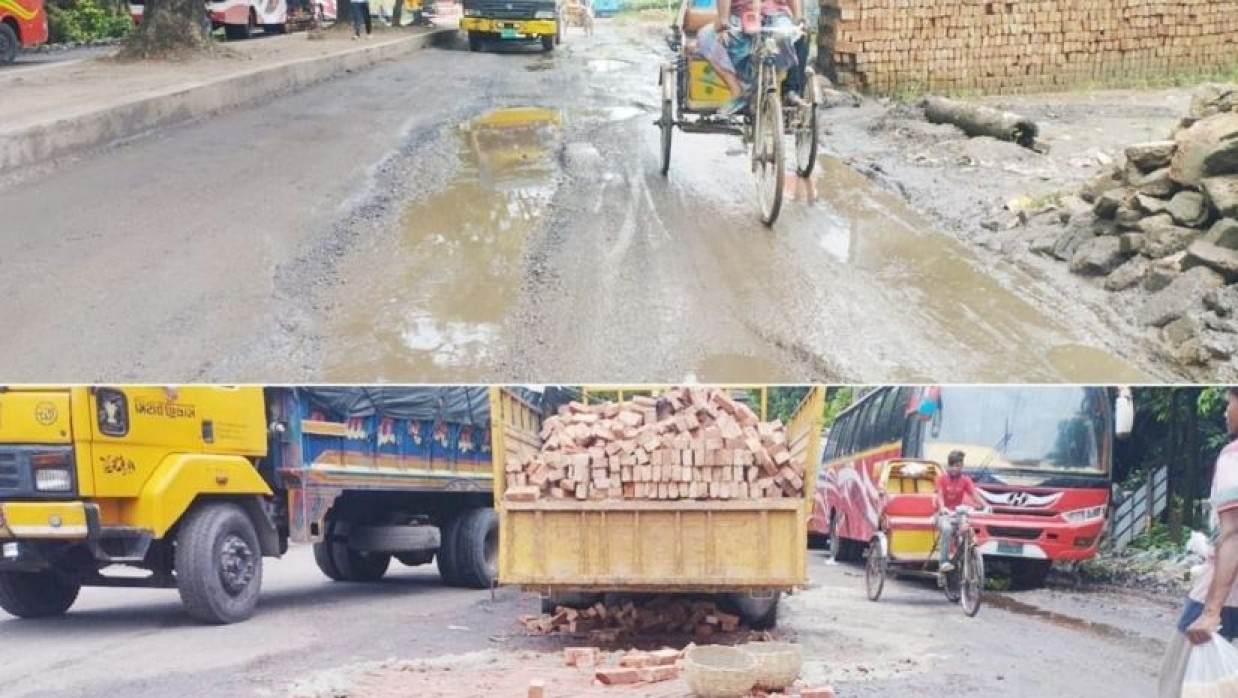 মহাসড়ক মেরামতে পিচের বদলে ব্যবহৃত হচ্ছে ইটের সলিং