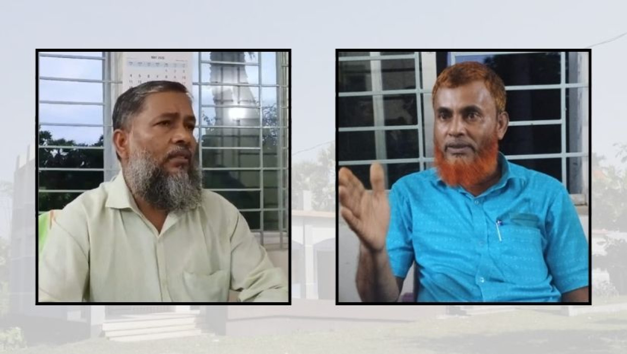 ইন্দুরিয়া উচ্চ বিদ্যালয়ে প্রধান শিক্ষক বশির আহমেদ (বাঁয়ে) ও সহকারী শিক্ষক কাশেম (ডানে)