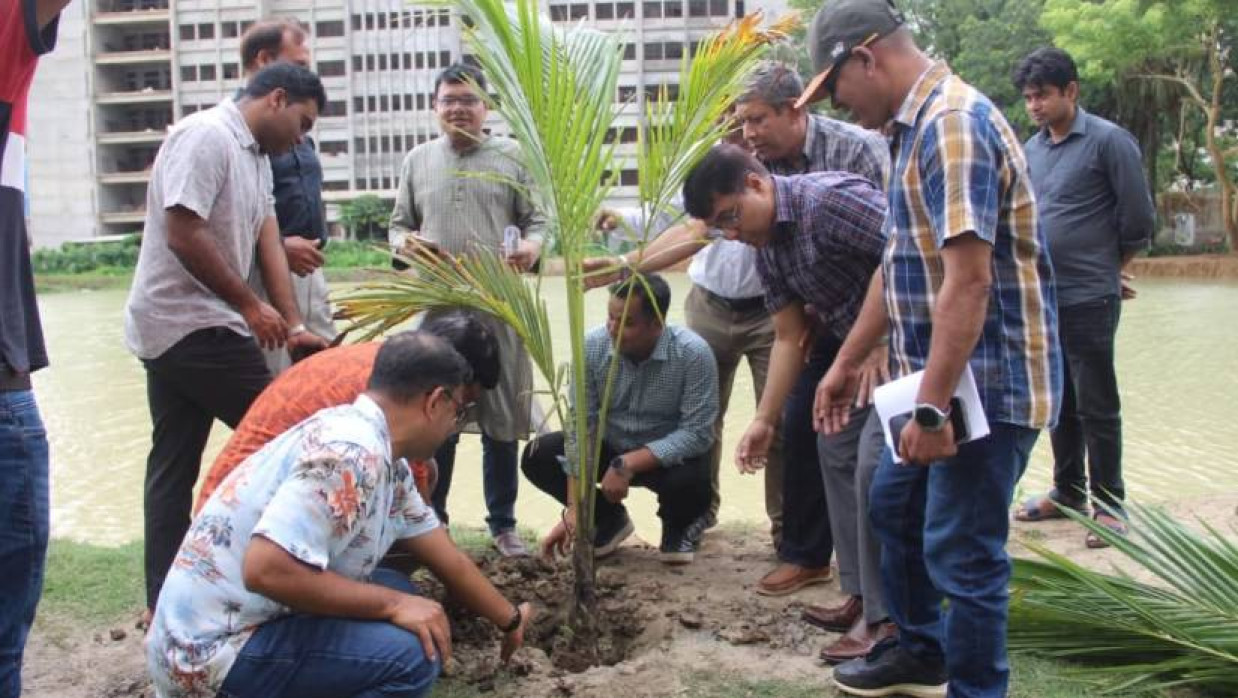 বিশ্ববিদ্যালয়ের নতুন কলা অনুষদের সামনের পুকুরপাড়ে নারকেলগাছ লাগান উপাচার্য