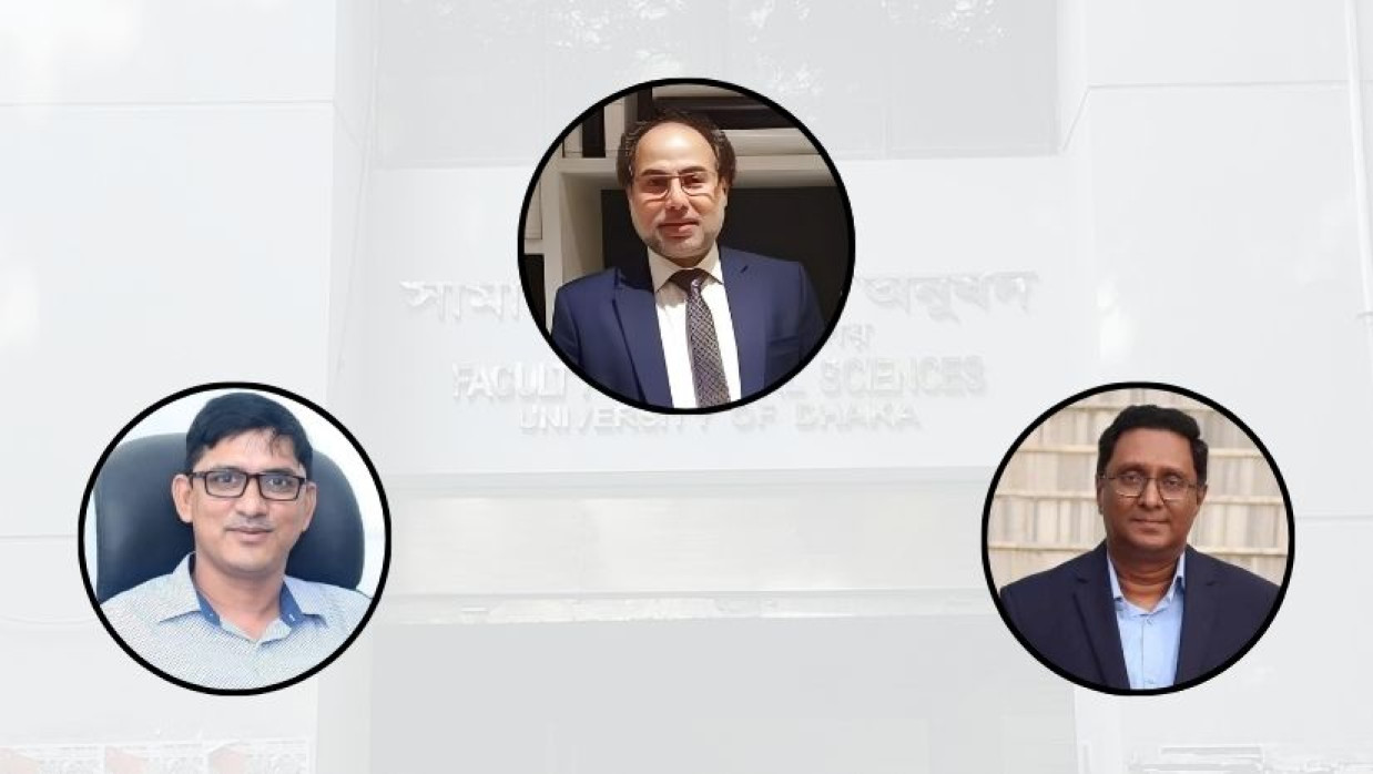 ঢাবির সামাজিক বিজ্ঞান অনুষদ ডিন ড. তৈয়েবুর রহমান (মাঝে), ড. সাহাদাত সিদ্দিকী (বাঁয়ে) এবং ড. সাদিক হাসান (ডানে)