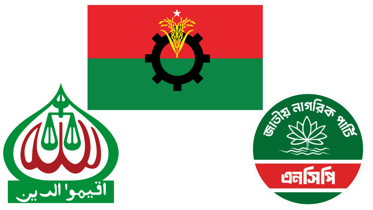 বিএনপি, জামায়াত ও এনসিপির লোগো