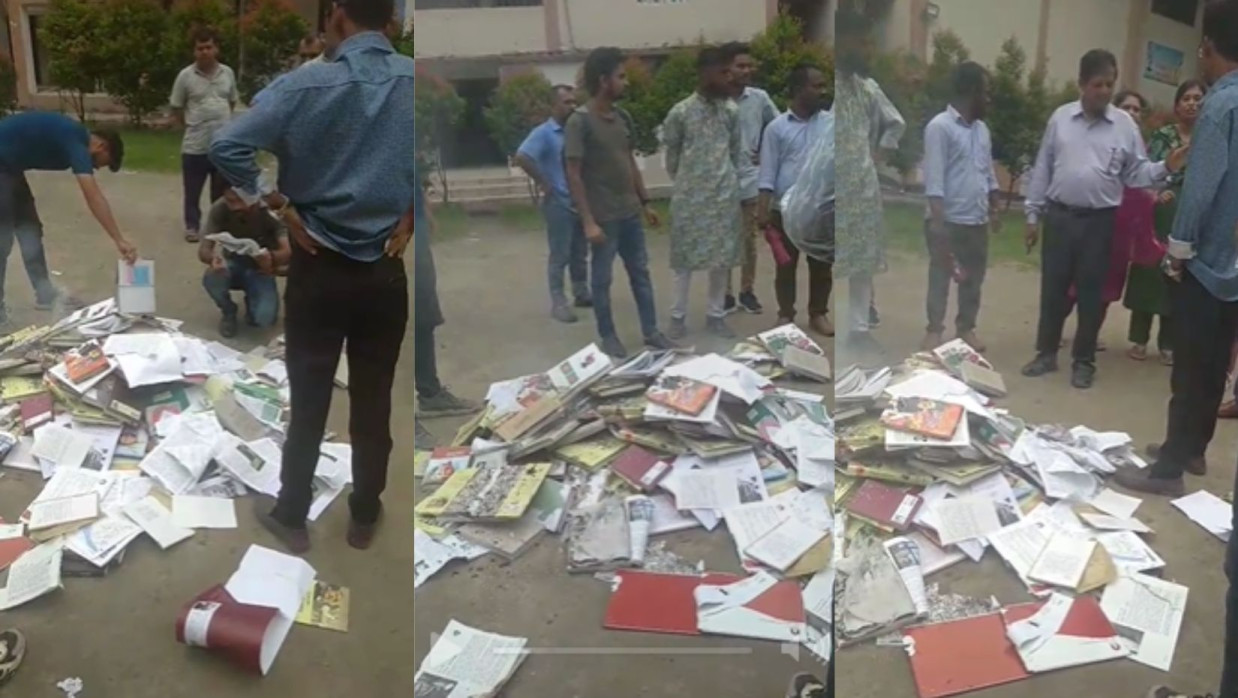 শেখ হাসিনা ও শেখ মুজিবুরের বই পোড়াচ্ছেন ছাত্রদল নেতাকর্মীরা