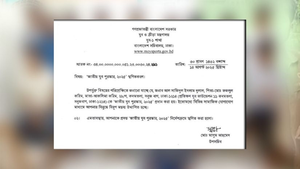 জাতীয় যুব পুরস্কার ২০২৫: সাজিদুল ইসলাম দুলালের নাম স্থগিত