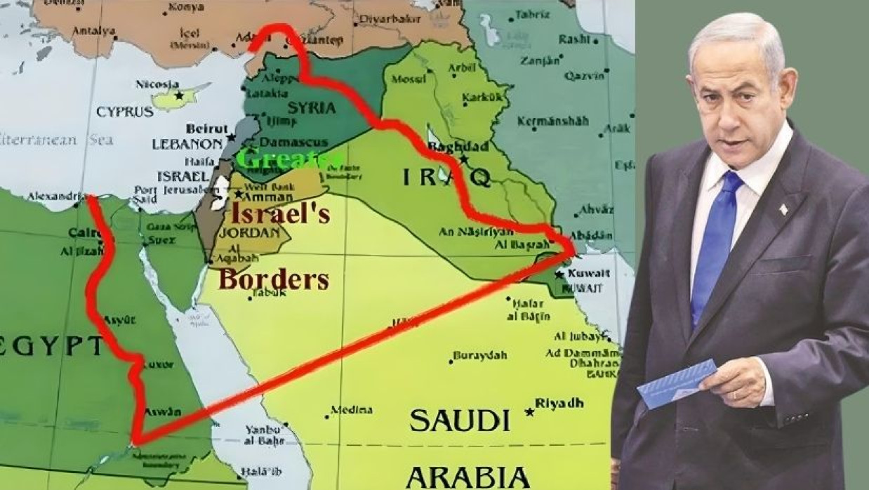 নেতানিয়াহুর গ্রেটার ইসরায়েলের কল্পিত মানচিত্র ও নেতানিয়াহু