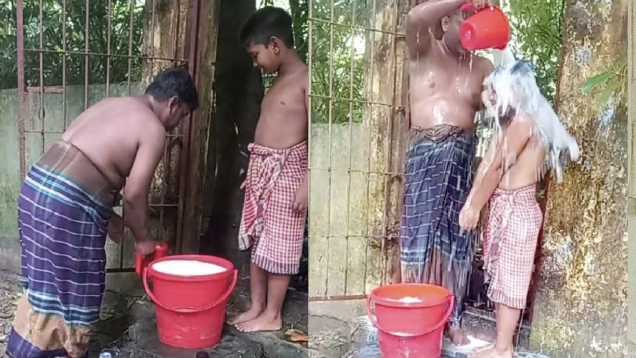 ছেলেকে নিয়ে দুধ দিয়ে গোসল করছেন  তাইফুল ইসলাম