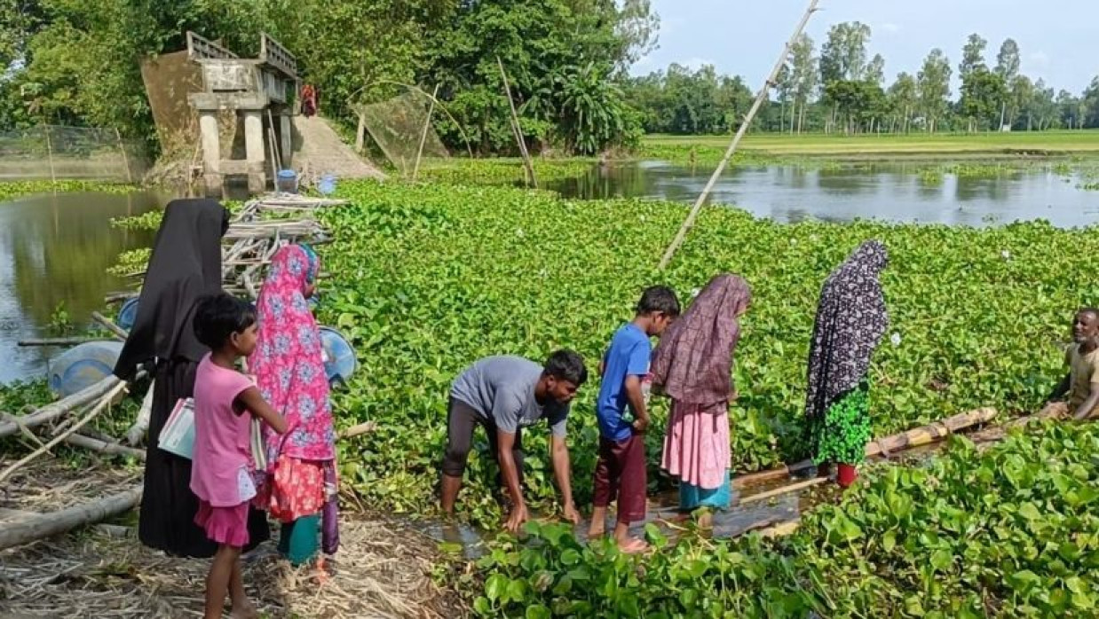ঝুঁকি নিয়ে কলা গাছের ভেলায় যাতায়াত করছে শিক্ষার্থীরা
