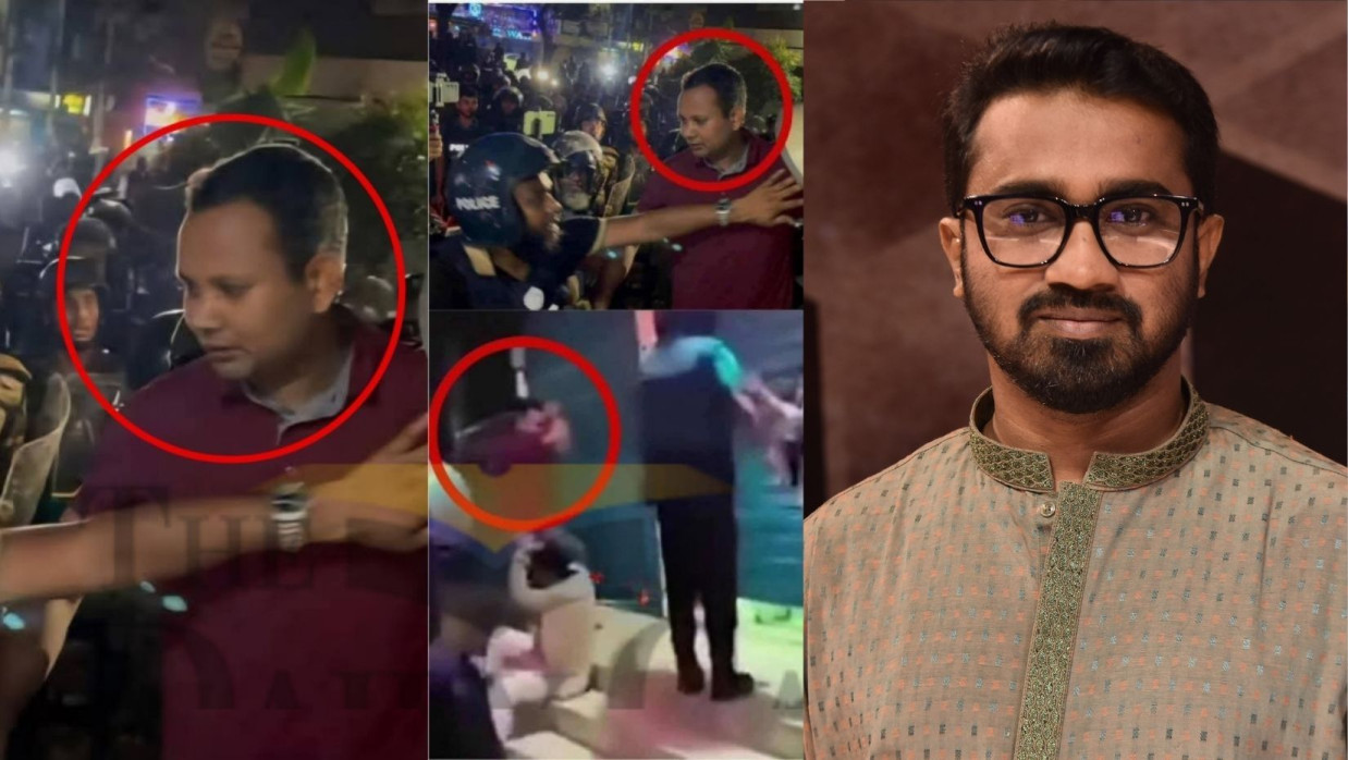 লাল টি-শার্ট পরিহিত হামলাকারী ও রাশেদ খান (ডানে)