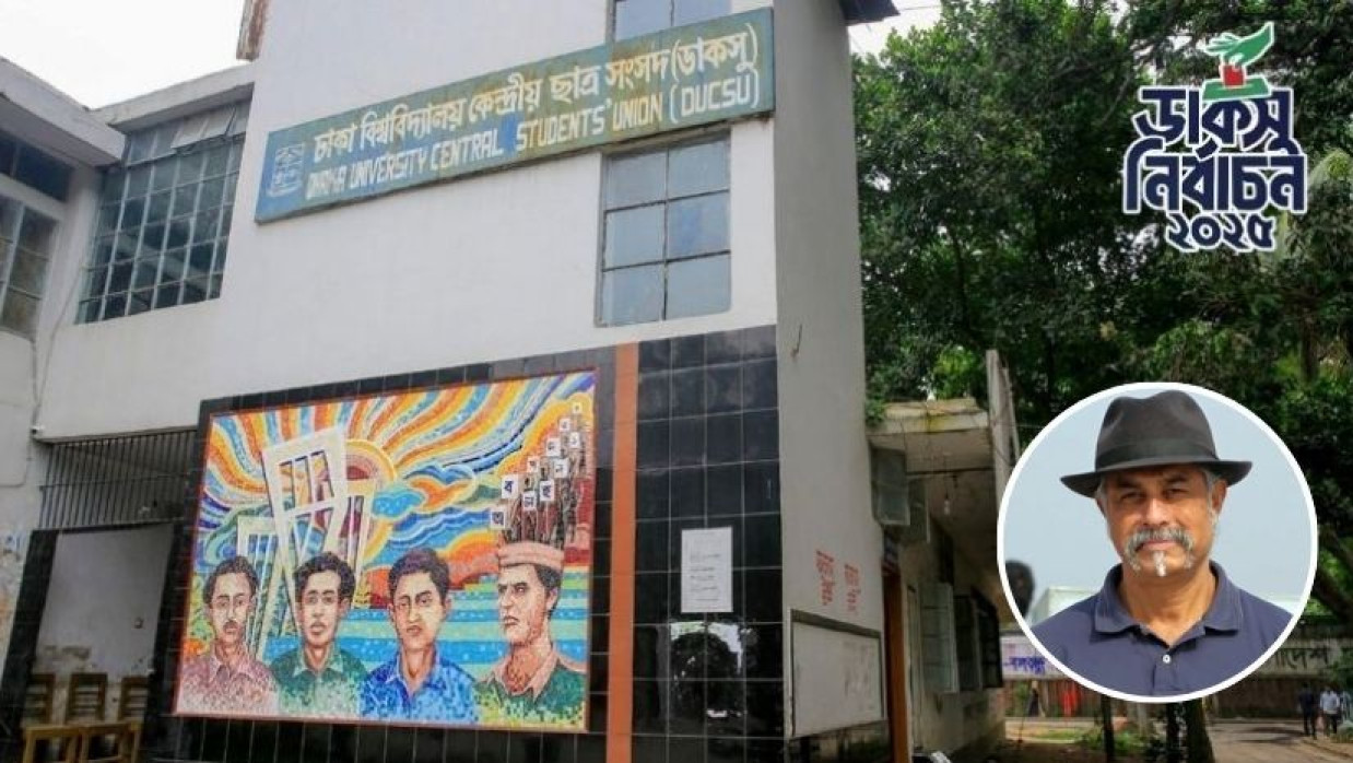 ডাকসু ভবন এবং অধ্যাপক ড. কামরুল হাসান মামুন (ইনসেটে)