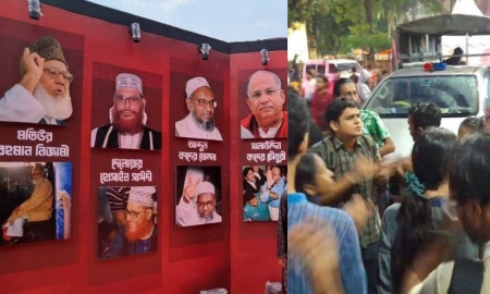 টিএসসিতে শিবিরের প্রদর্শনীতে নিজামী-সাঈদী-সাকার ছবি, বামদের বিক্ষোভ