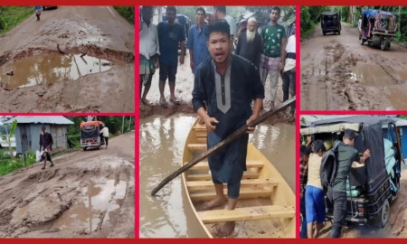 মহাসড়ক যেন পুকুর, নৌকা চালিয়ে অভিনব প্রতিবাদ যুবকের