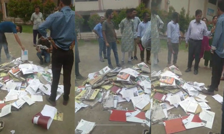 কলেজ গ্রন্থাগারে থাকা শেখ মুজিব-হাসিনার বই পোড়ালেন ছাত্রদল নেতাকর্মীরা