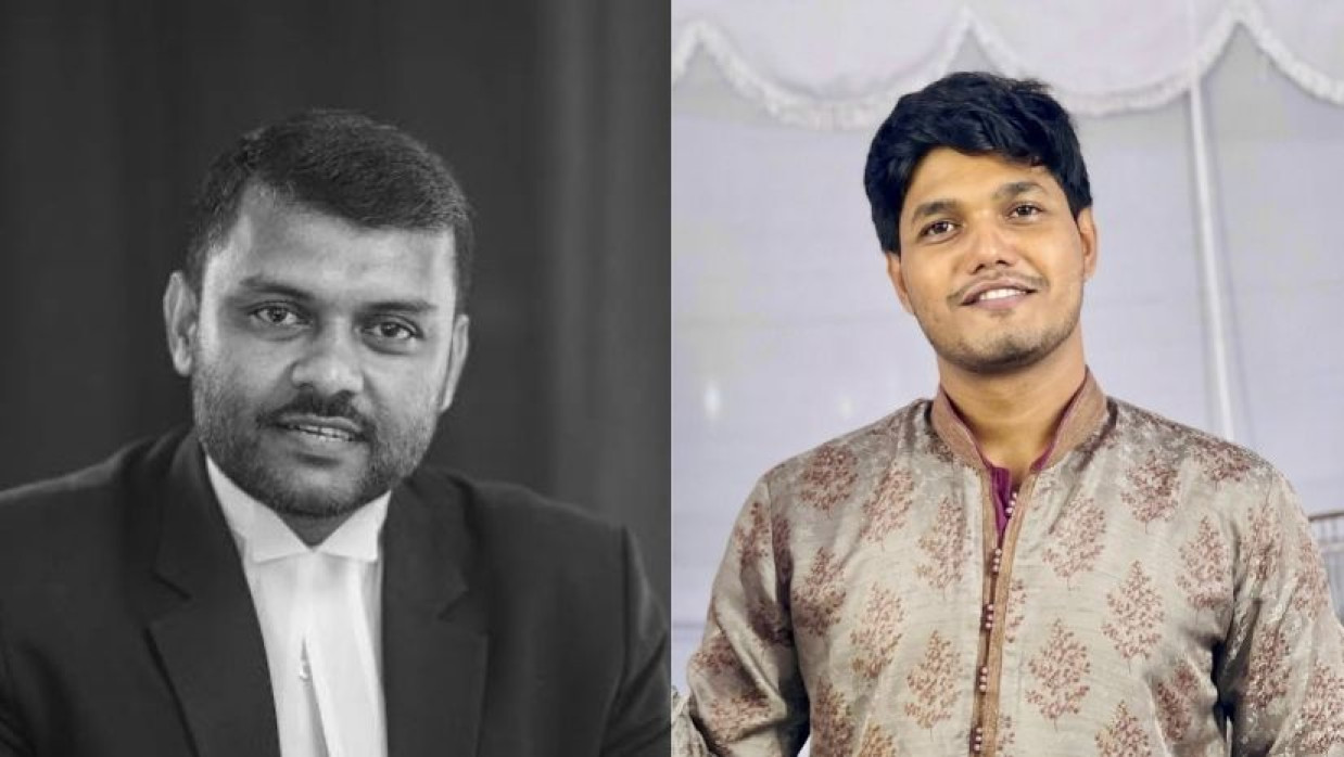 অ্যাডভোকেট মোহাম্মদ শিশির মনির (বাঁয়ে) এবং ছাত্রদল নেতা আবিদুল ইসলাম খান (ডানে)