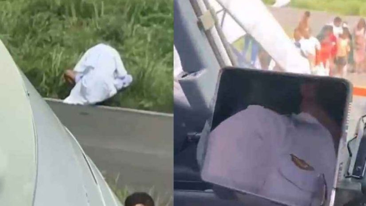 রানওয়ের পাশে বসেই প্রস্রাব করছেন বৃদ্ধকে