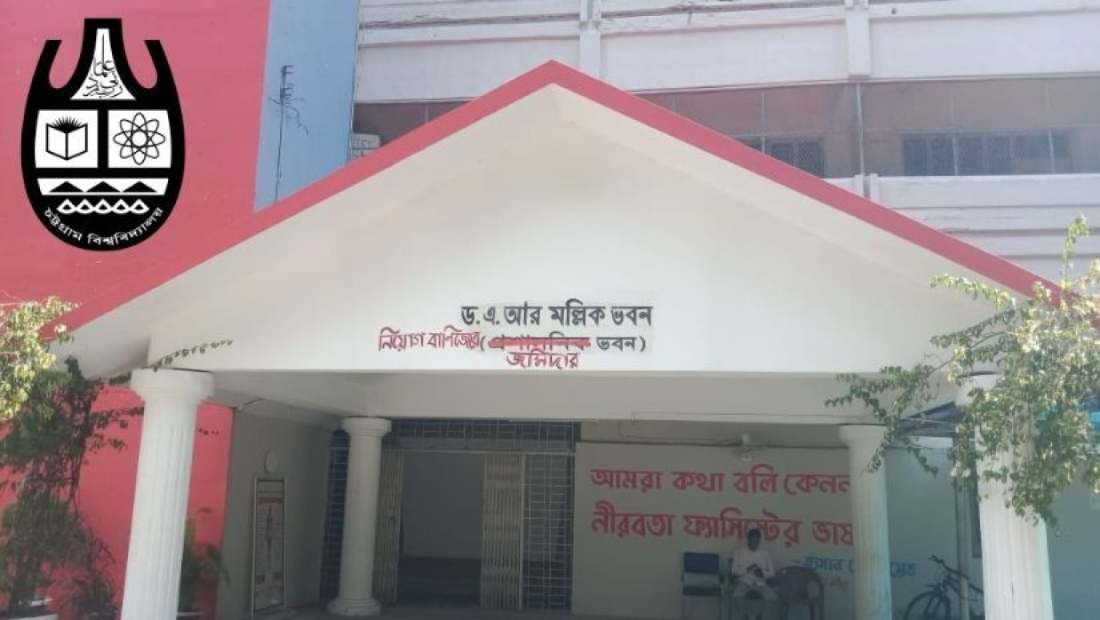 চবির প্রশাসনিক ভবনের নামফলক মুছে ‘নিয়োগ বাণিজ্যের জমিদার ভবন’ লিখে দিয়েছে কয়েকজন শিক্ষার্থী