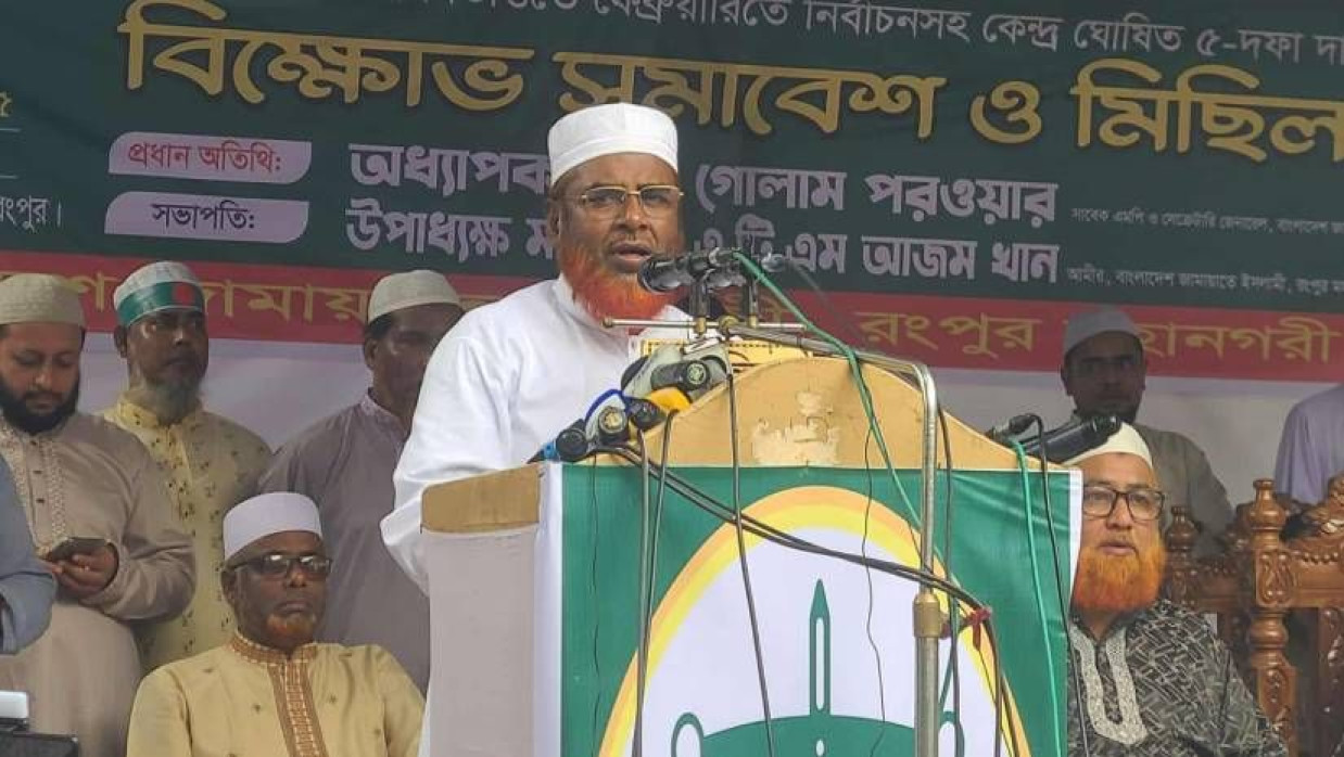 সমাবেশে বক্তব্য দিচ্ছেন অধ্যাপক মিয়া গোলাম পরওয়ার