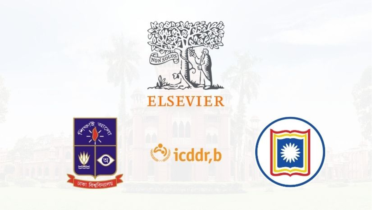 এলসেভিয়ার, ঢাবি, আইসিডিডিআর’বি ও রাবির লোগো