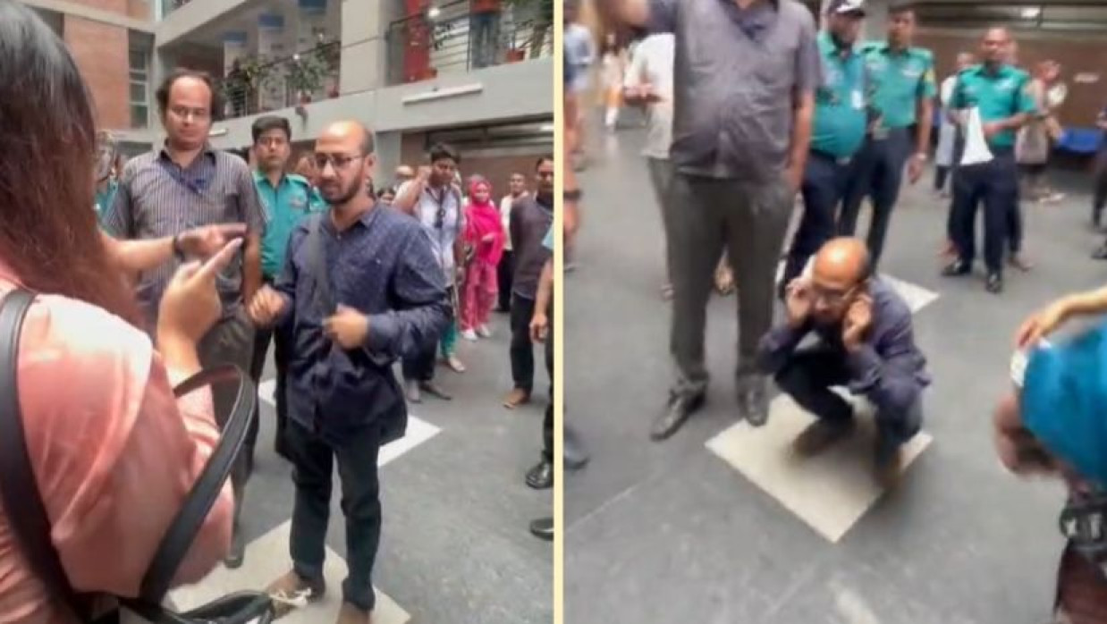 কান ধরে উঠবস করাতে দেখা যায় ওই ব্যক্তিকে