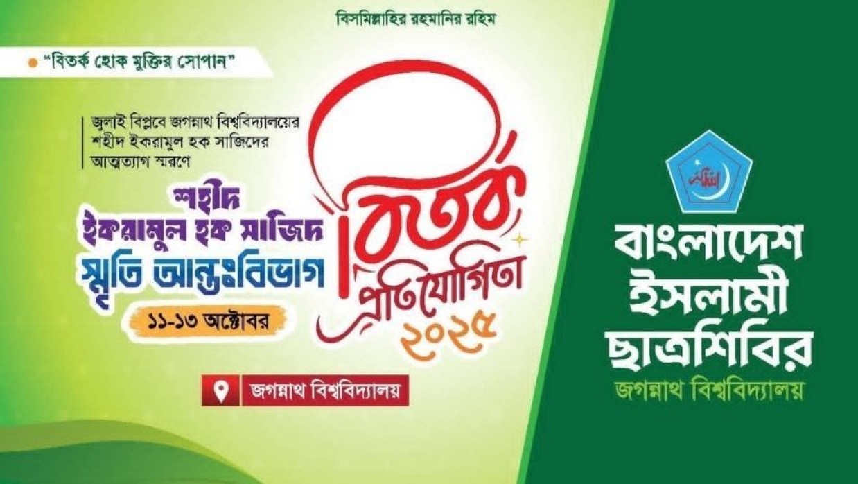 জগন্নাথ বিশ্ববিদ্যালয় ছাত্রশিবিরের বিতর্ক প্রতিযোগিতার ফেস্টুন