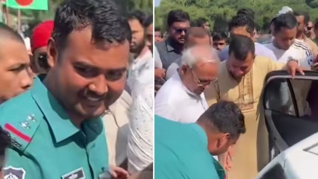 রুহুল কবির রিজভীর পা ছুঁয়ে সালাম করেন ট্রাফিক সার্জেন্ট মো. আরিফুল ইসলাম