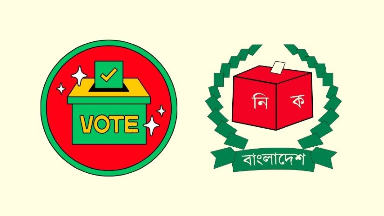 নির্বাচনের প্রতীকী ছবি ও বাংলাদেশ নির্বাচন কমিশনের লোগো 